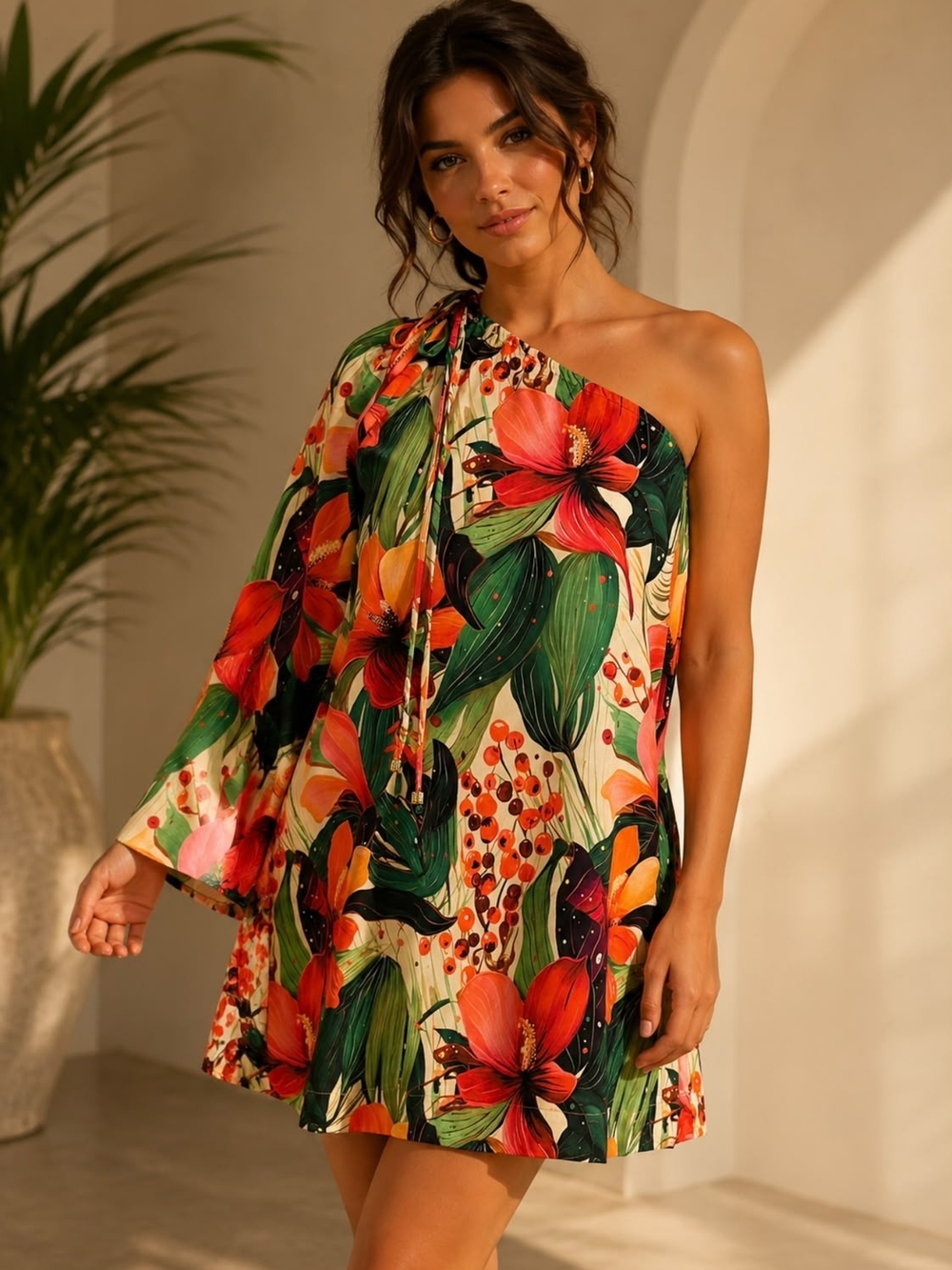 One-Shoulder Tropical Floral Mini Dress in Multicolor